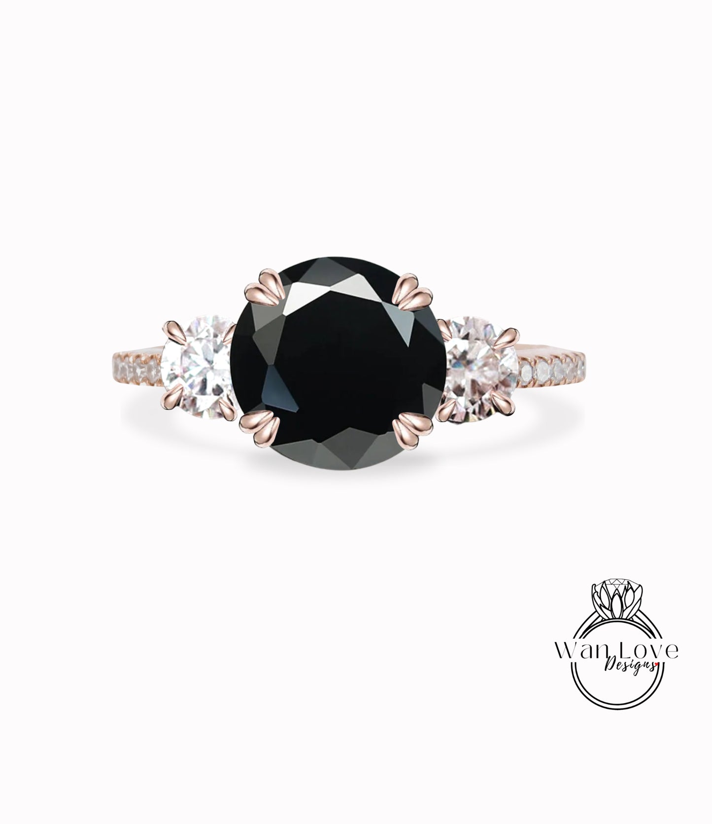 Anello con diamante spinello nero, anello con tre pietre Moissanite, anello di fidanzamento rotondo con moissanite, anello a fascia con diamanti