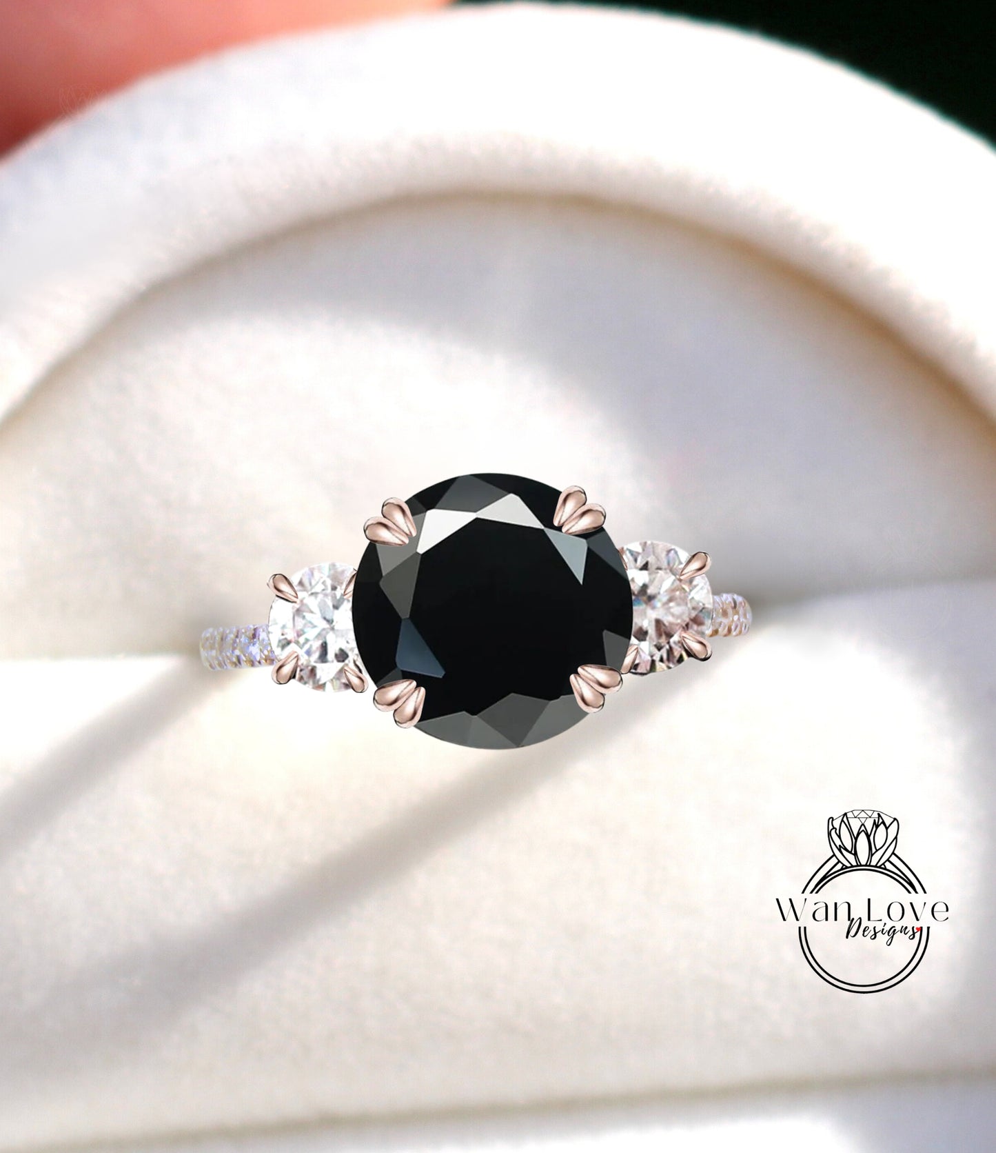 Anello con diamante spinello nero, anello con tre pietre Moissanite, anello di fidanzamento rotondo con moissanite, anello a fascia con diamanti