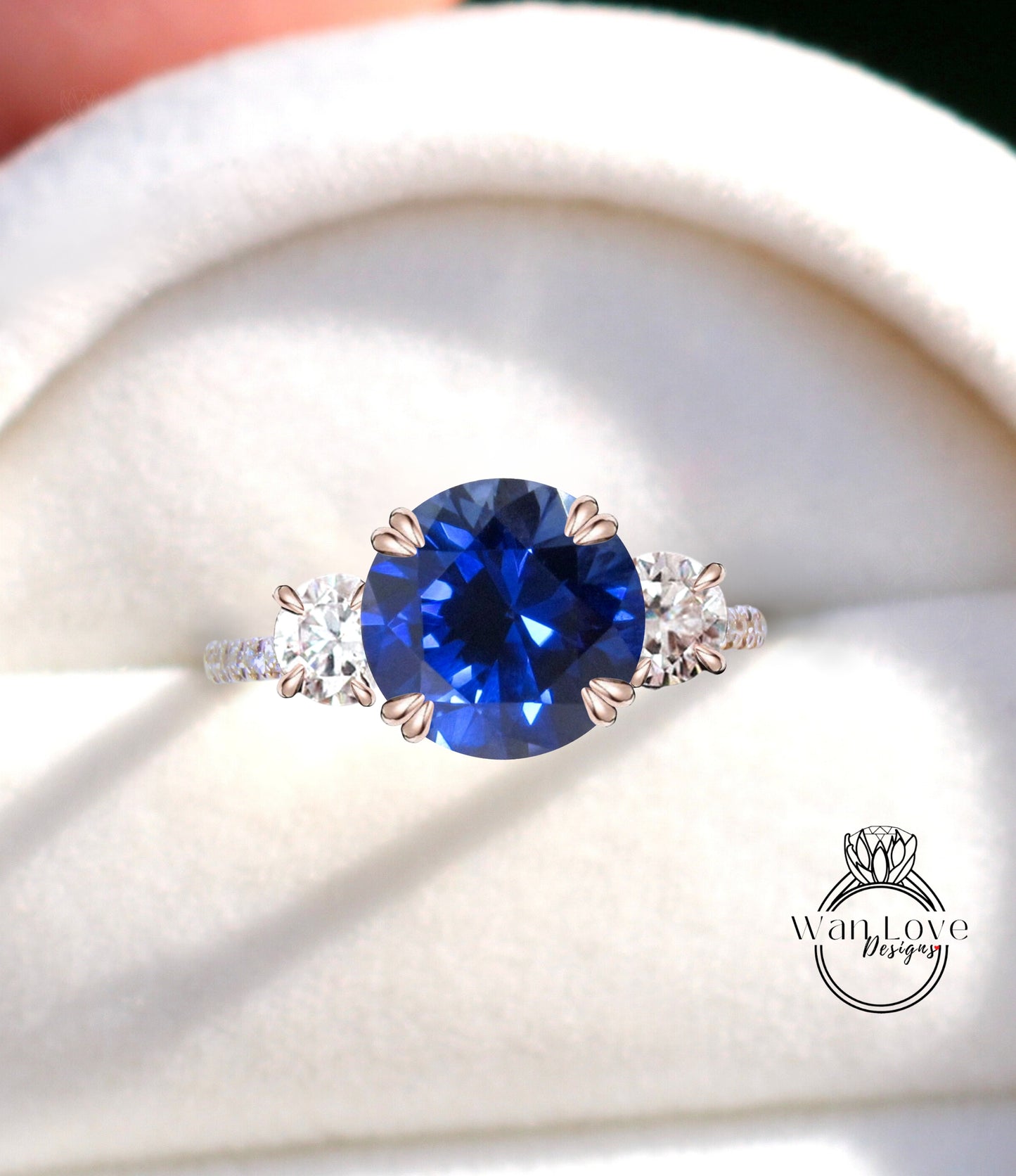 Blue Sapphire & Diamond 3 gemstone engagement Ring Diamond Round Three gem Stone bridal wedding Ring Anniversary Gift