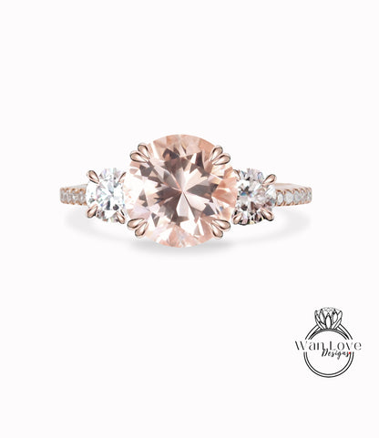 Anello di diamanti con zaffiro rosa chiaro, anello di Moissanite a tre pietre, anello di fidanzamento rosa rotondo, anello a fascia di diamanti