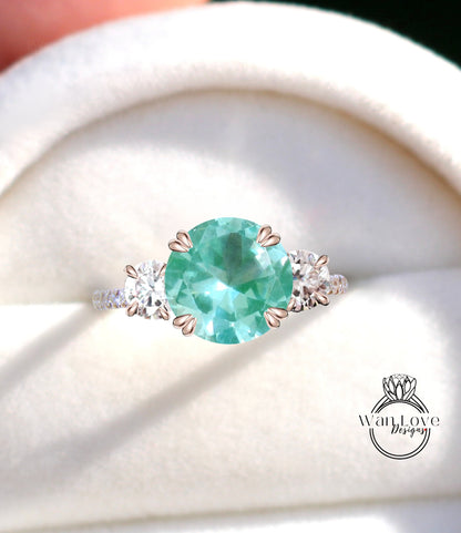 Anello di diamanti con spinello verde acqua, anello di Moissanite con tre pietre, anello di fidanzamento con spinello rotondo, anello con fascia di diamanti