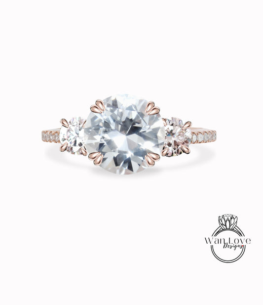 White Sapphire & Diamond 3 gemstone engagement Ring Diamond Round Three gem Stone bridal wedding Ring Anniversary Gift