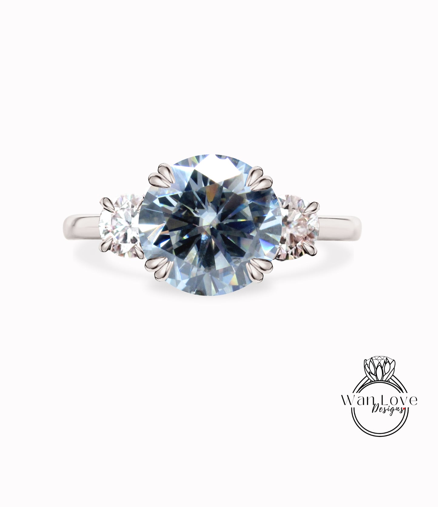 Grey Moissanite & Diamond round 3 Gem stone Engagement Ring 14k 18k White Yellow Rose Gold-Platinum-Custom three gemstone moissanite diamond bridal wedding ring Anniversary Gift