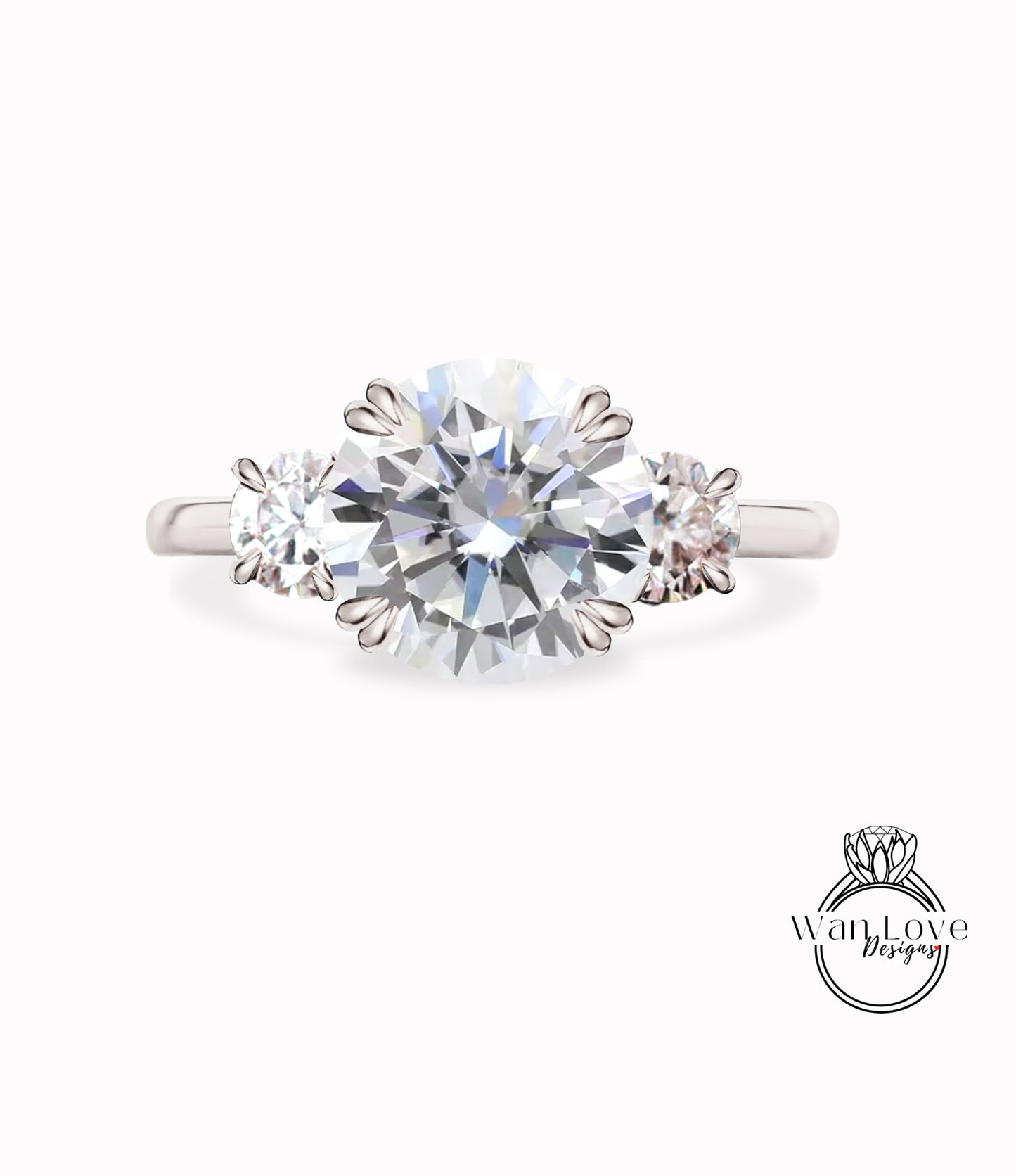 Moissanite & Diamond round 3 Gem stone Engagement Ring 14k 18k White Yellow Rose Gold-Platinum-Custom three gemstone moissanite diamond bridal wedding ring Anniversary Gift