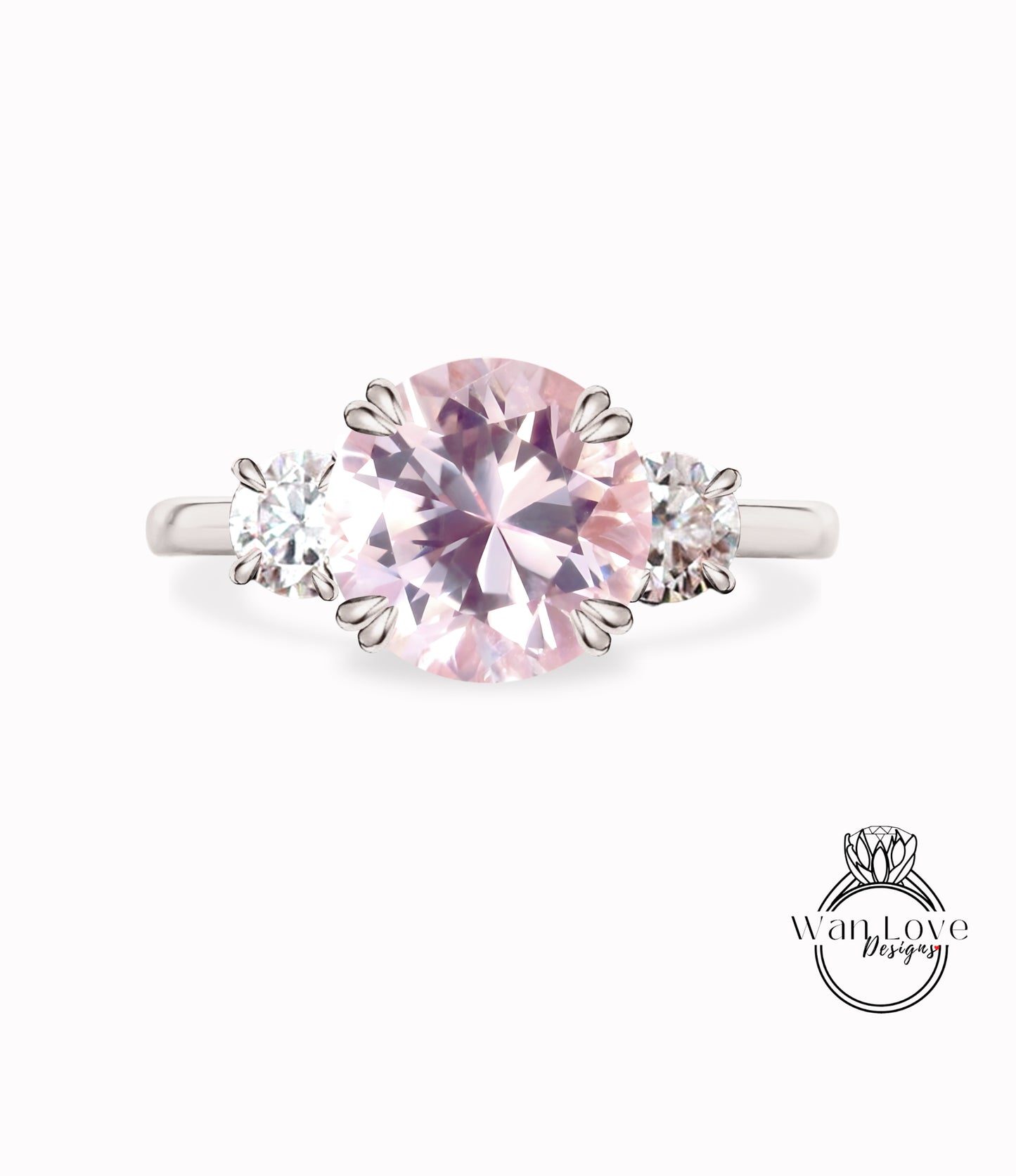 Peach Sapphire & Diamond round 3 Gem stone Engagement Ring 14k 18k White Yellow Rose Gold-Platinum-Custom three gemstone moissanite diamond bridal wedding ring Anniversary Gift