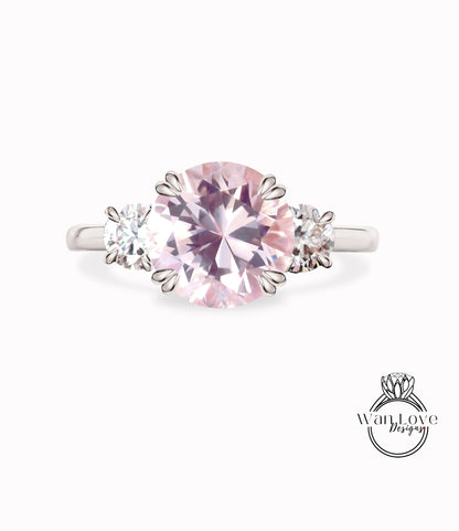 Peach Sapphire & Diamond round 3 Gem stone Engagement Ring 14k 18k White Yellow Rose Gold-Platinum-Custom three gemstone moissanite diamond bridal wedding ring Anniversary Gift