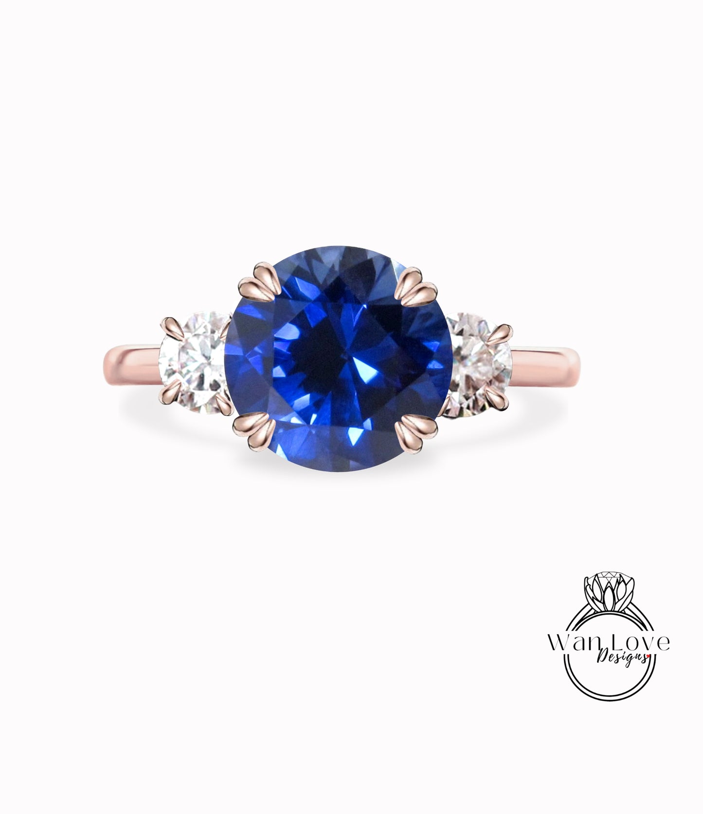 Anello di fidanzamento rotondo con 3 pietre Moissanite e zaffiro blu, anniversario di matrimonio personalizzato, 14k, 18k, bianco, giallo, oro rosa-platino