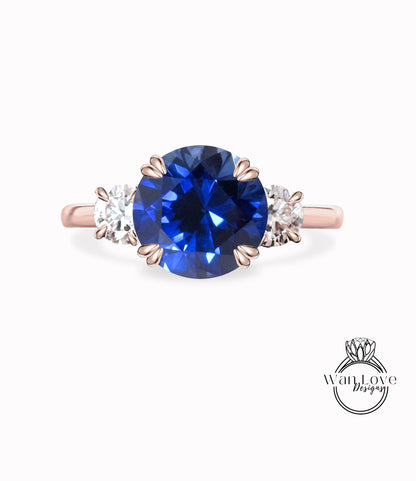 Anello di fidanzamento rotondo con 3 pietre Moissanite e zaffiro blu, anniversario di matrimonio personalizzato, 14k, 18k, bianco, giallo, oro rosa-platino