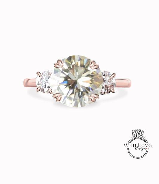 Anello di fidanzamento rotondo con moissanite bianco champagne, pietra preziosa rotonda 3, 14k 18k bianco giallo oro rosa-platino-anniversario personalizzato