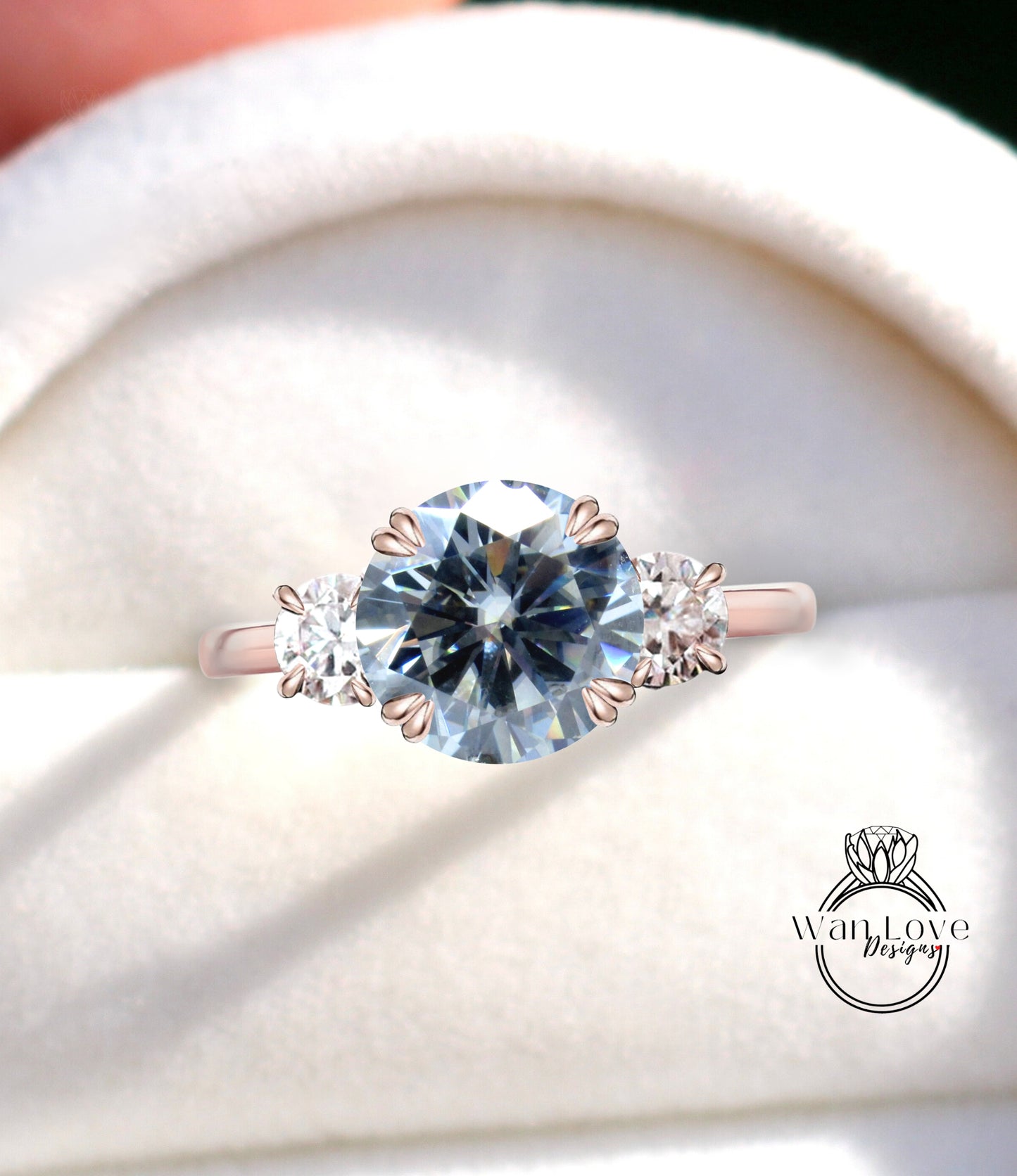 Grey Moissanite & Diamond round 3 Gem stone Engagement Ring 14k 18k White Yellow Rose Gold-Platinum-Custom three gemstone moissanite diamond bridal wedding ring Anniversary Gift
