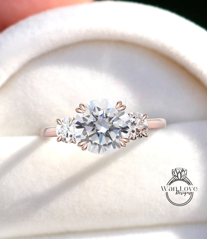 Moissanite & Diamond round 3 Gem stone Engagement Ring 14k 18k White Yellow Rose Gold-Platinum-Custom three gemstone moissanite diamond bridal wedding ring Anniversary Gift