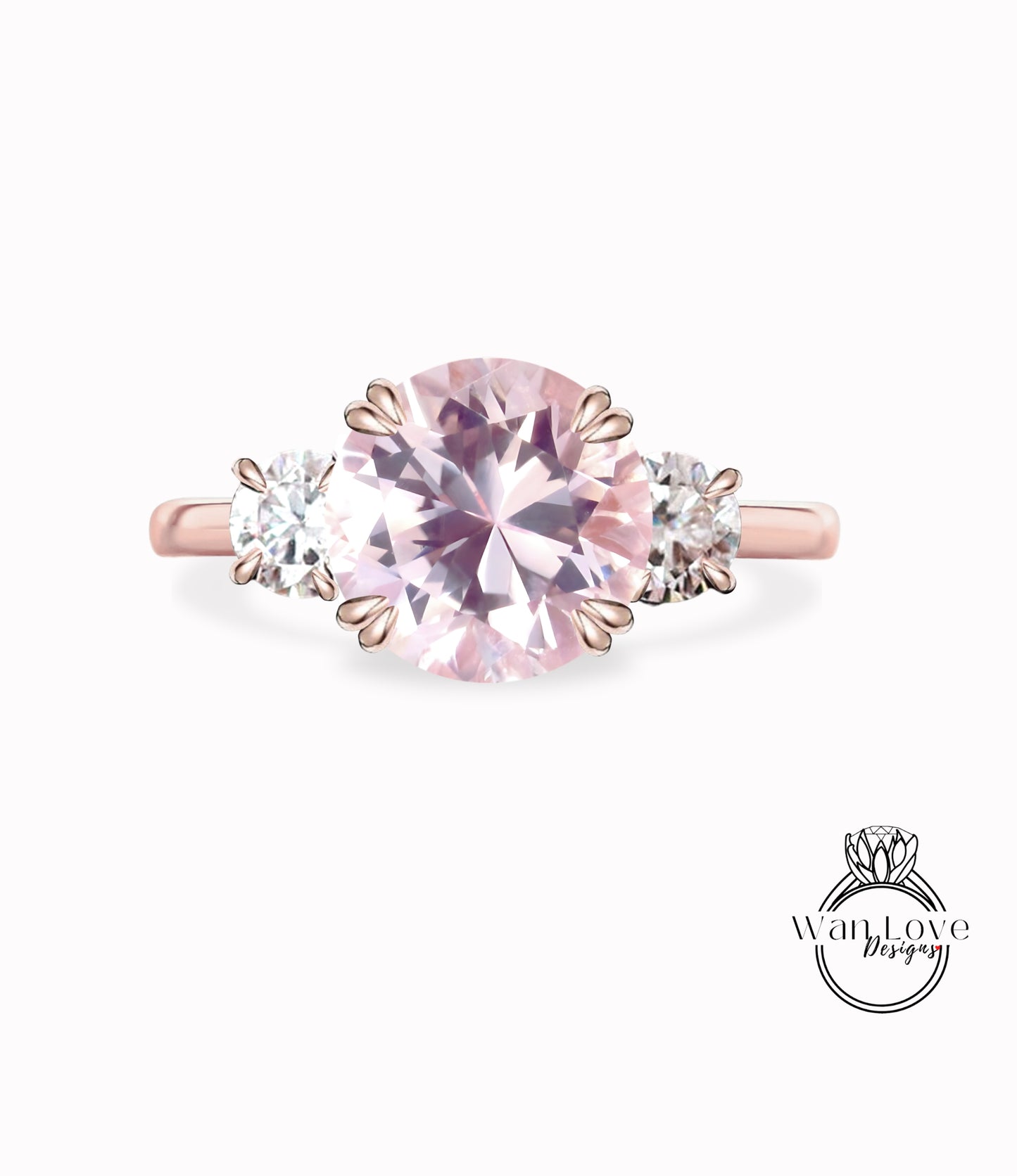 Peach Sapphire & Diamond round 3 Gem stone Engagement Ring 14k 18k White Yellow Rose Gold-Platinum-Custom three gemstone moissanite diamond bridal wedding ring Anniversary Gift