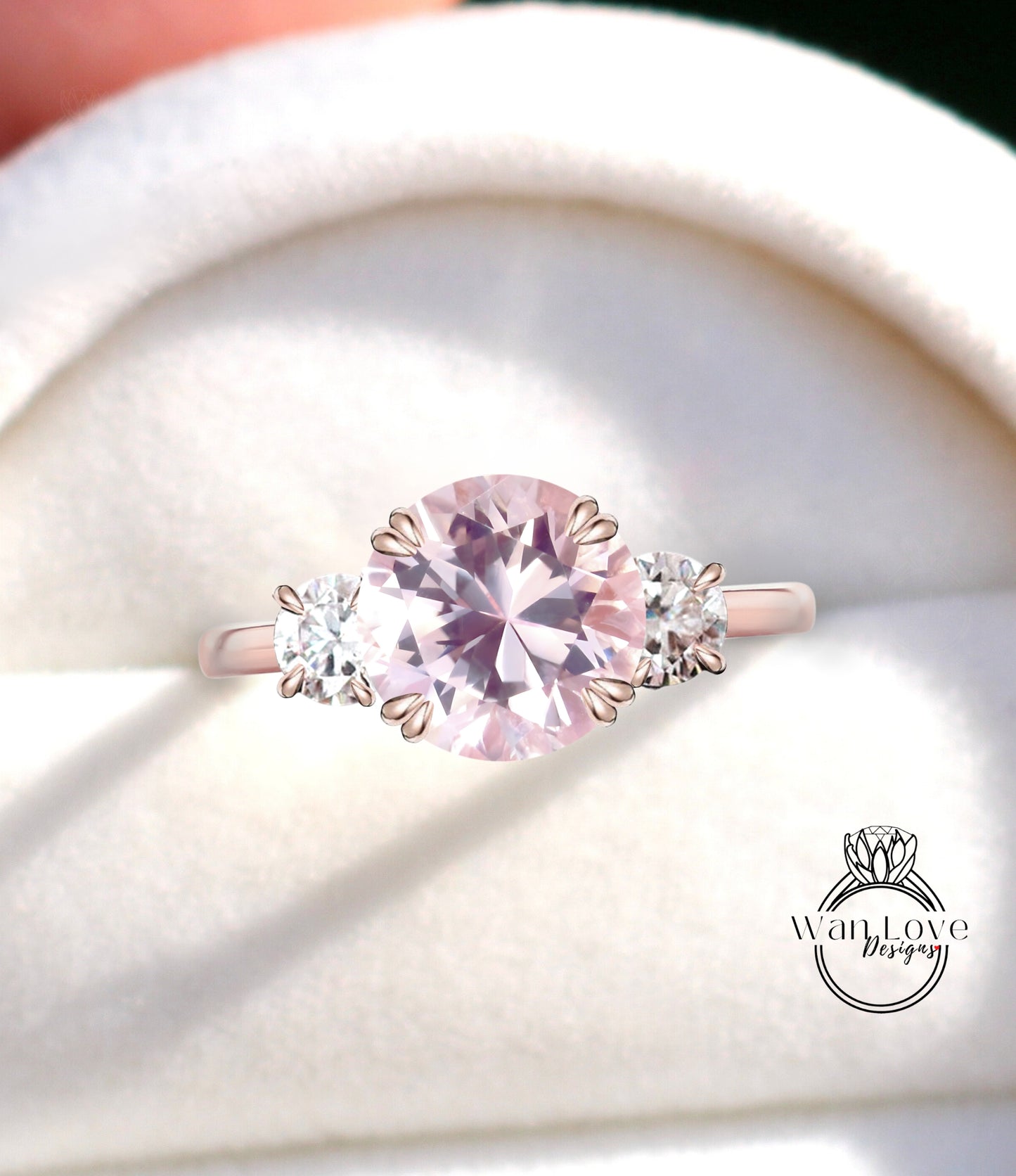Peach Sapphire & Diamond round 3 Gem stone Engagement Ring 14k 18k White Yellow Rose Gold-Platinum-Custom three gemstone moissanite diamond bridal wedding ring Anniversary Gift