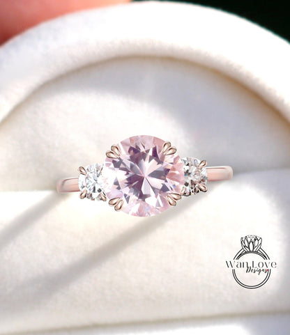 Peach Sapphire & Diamond round 3 Gem stone Engagement Ring 14k 18k White Yellow Rose Gold-Platinum-Custom three gemstone moissanite diamond bridal wedding ring Anniversary Gift