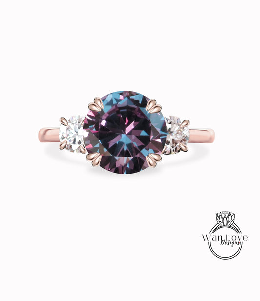 Purple Sapphire Alexandrite Color & Diamond round 3 Gem stone Engagement Ring 14k 18k White Yellow Rose Gold-Platinum-Custom three gemstone moissanite diamond bridal wedding ring Anniversary Gift