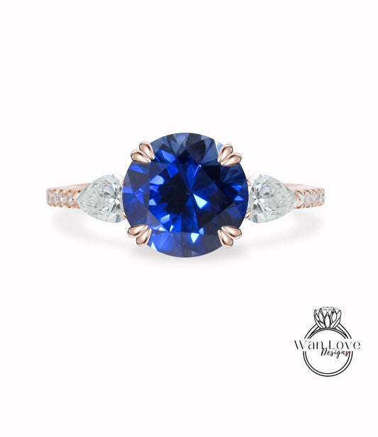 Blue Sapphire Round Pear Diamond Ring, Three Stone Moissanite Ring, Round sapphire engagement Ring, Diamond Band Ring