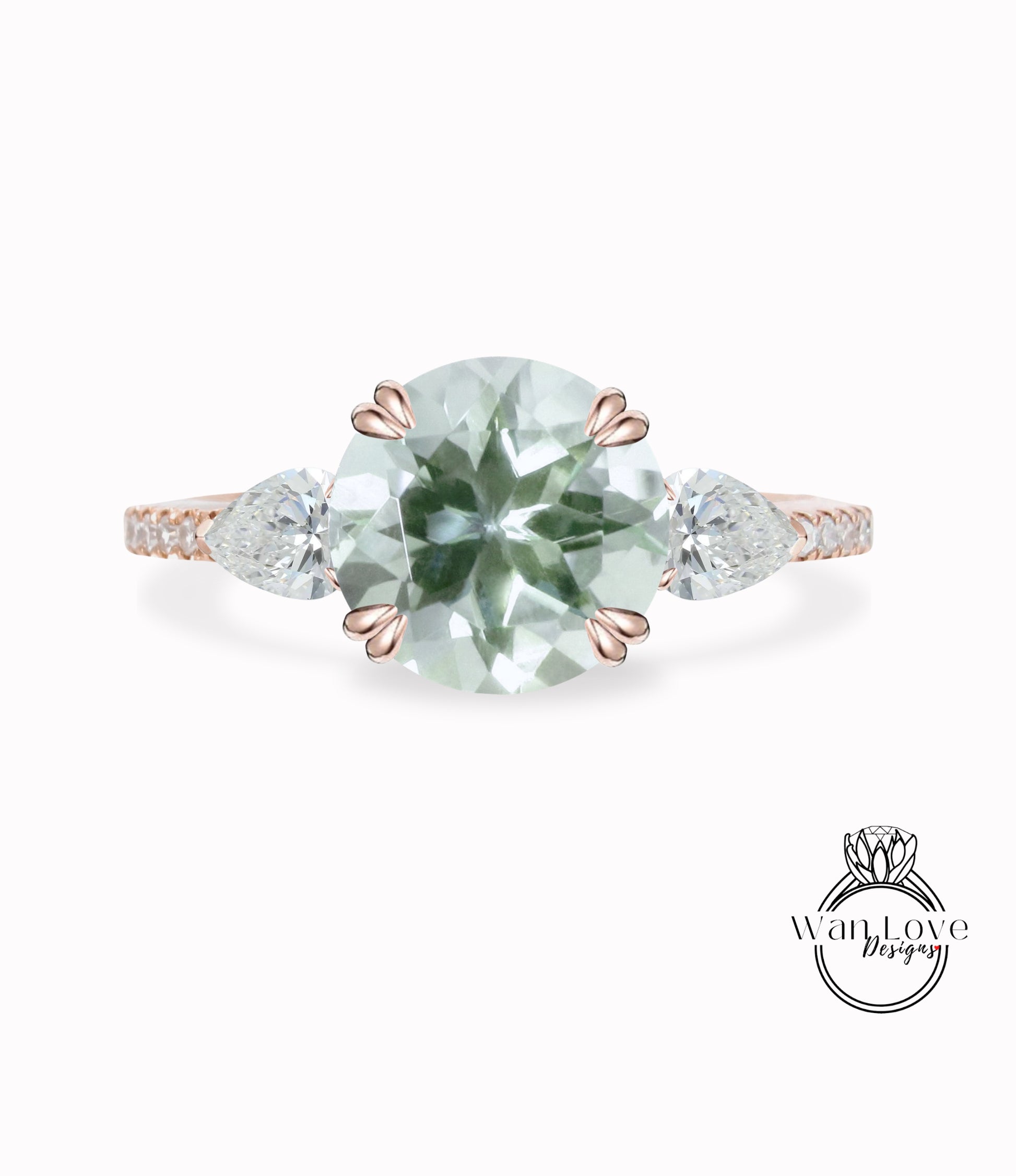 Prasiolite Green Amethyst Diamond Ring, Three Stone Moissanite Ring, Round amethyst engagement Ring, Diamond Band Ring