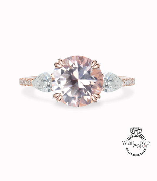 Peach Sapphire Round Pear Diamond Ring, Three Stone Moissanite Ring, Round sapphire engagement Ring, Diamond Band Ring