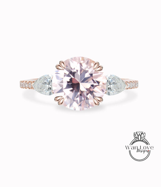 Light Pink Sapphire Round Pear Diamond Ring, Three Stone Moissanite Ring, Round sapphire engagement Ring, Diamond Band Ring
