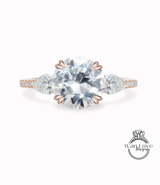 White Sapphire Round Pear Diamond Ring, Three Stone Moissanite Ring, Round sapphire engagement Ring, Diamond Band Ring