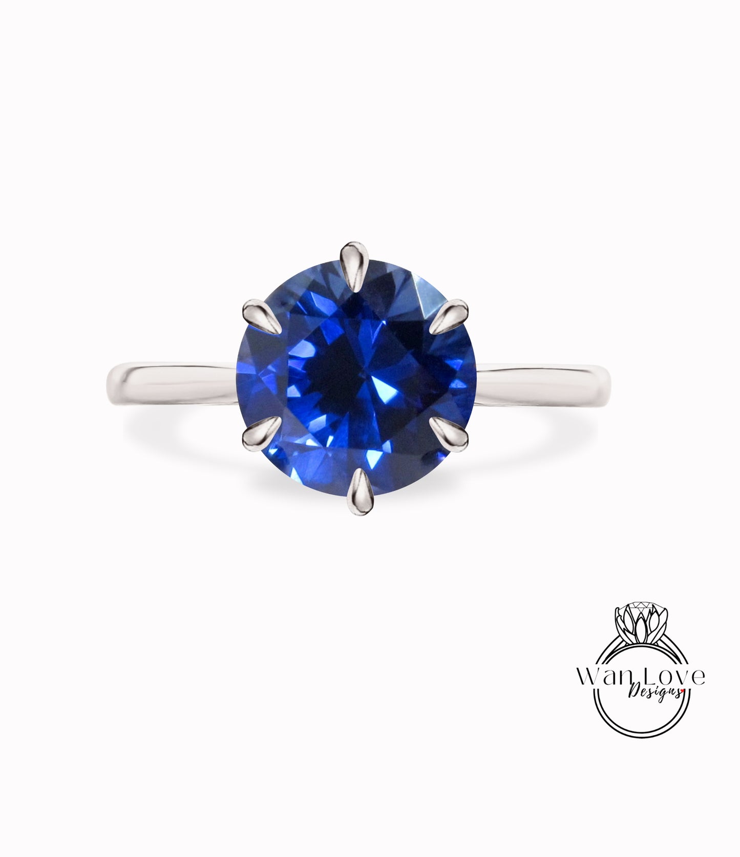 Anello di fidanzamento solitario con zaffiro blu a 6 punte rotondo, cattedrale affusolata per matrimonio personalizzato in platino e bianco giallo 18k bianco 14k