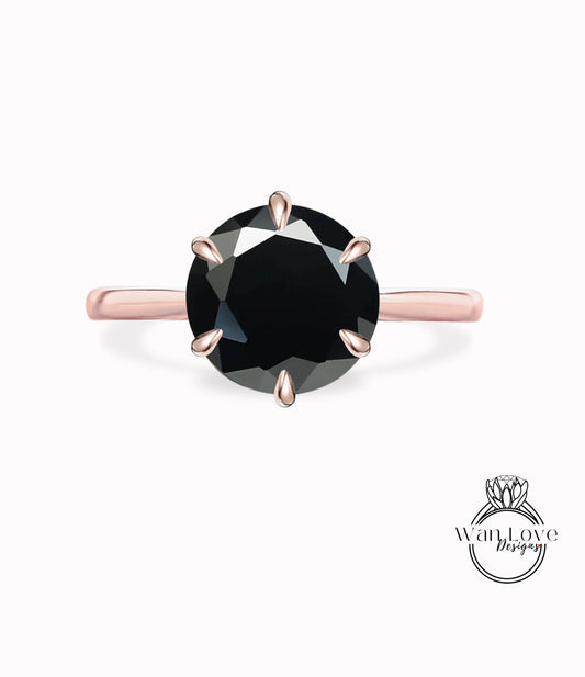 Anello di fidanzamento solitario con spinello nero a 6 punte, cattedrale rotonda, 14k 18k bianco giallo oro rosa-platino-matrimonio personalizzato-rastremato