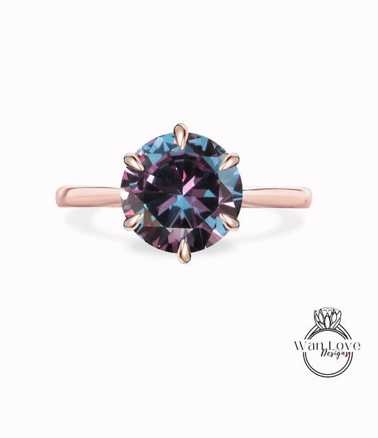 Purple Sapphire Alexandrite Color Change 6 Prong Engagement Ring, Solitaire, Round, 14k 18k White Yellow Rose Gold-Platinum-Custom-Wedding