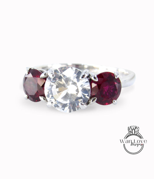 White Sapphire & Ruby 3 Stone Engagement Ring Round 3 Gem stone 1 2 ct Bridal Wedding promise ring Anniversary Gift -Ready to ship