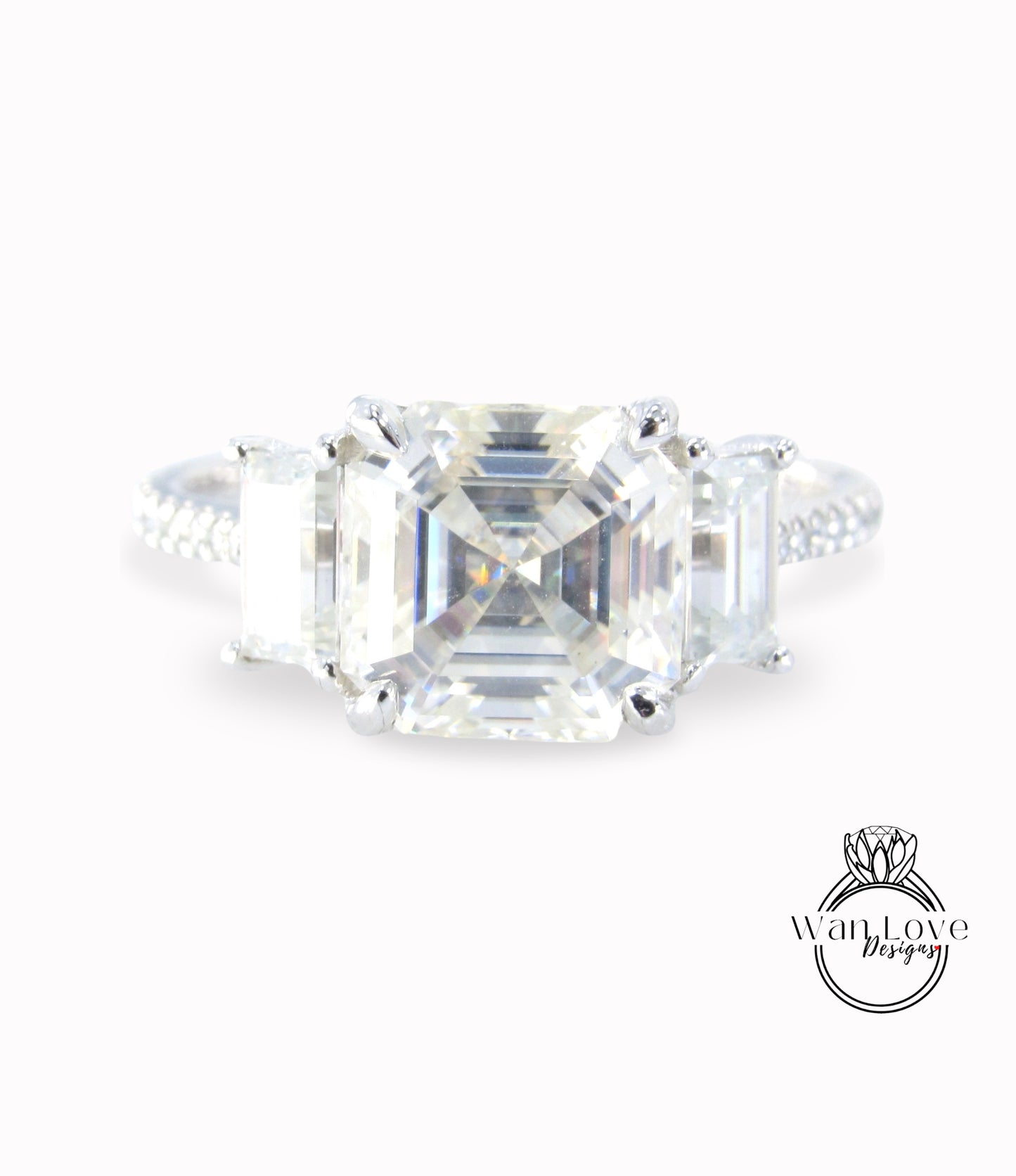 Anello di fidanzamento art deco Moissanite Asscher, Asscher Baguette 3 tre pietre in oro bianco matrimonio anniversario regalo per lei, pronto