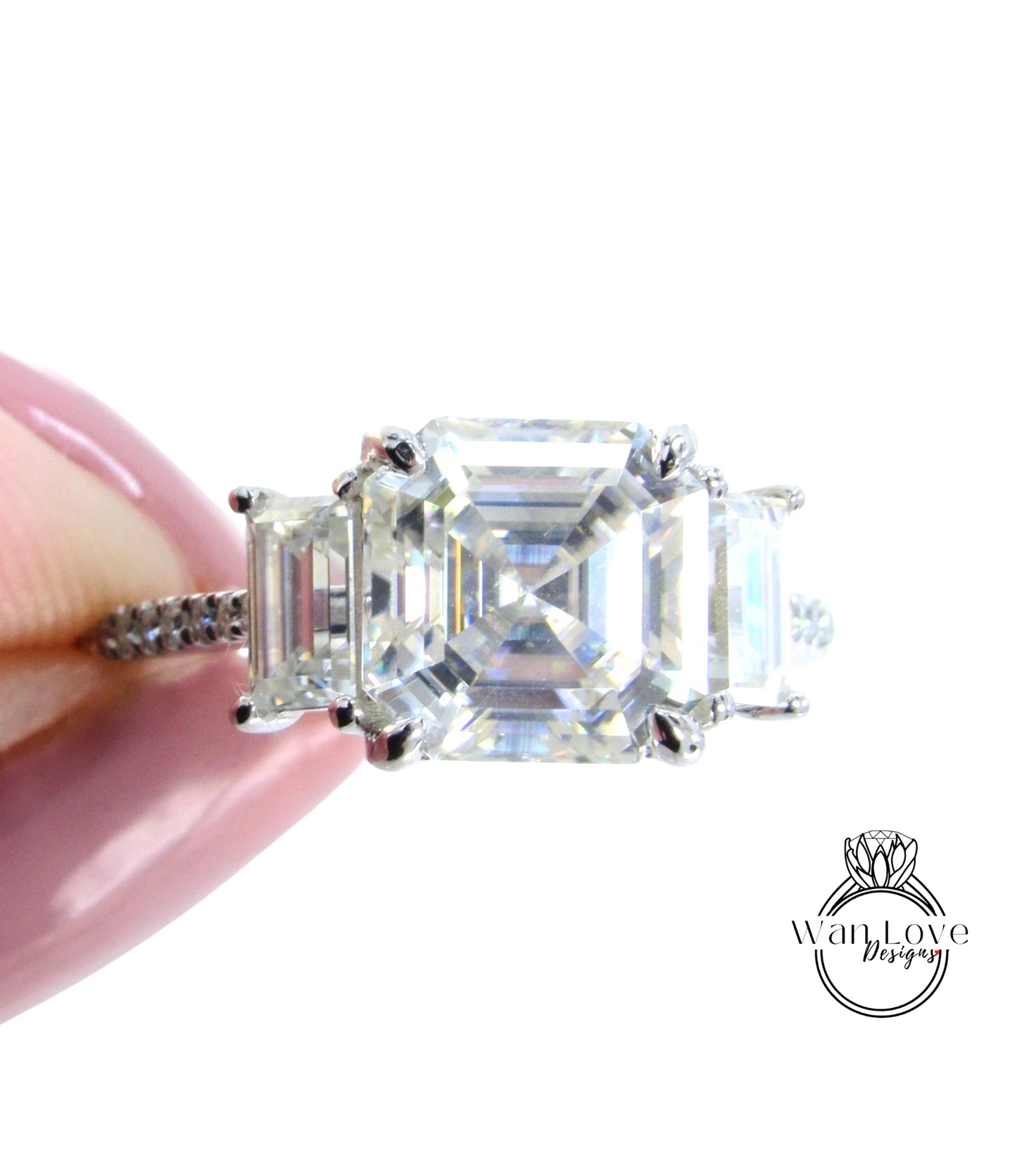 Anello di fidanzamento art deco Moissanite Asscher, Asscher Baguette 3 tre pietre in oro bianco matrimonio anniversario regalo per lei, pronto