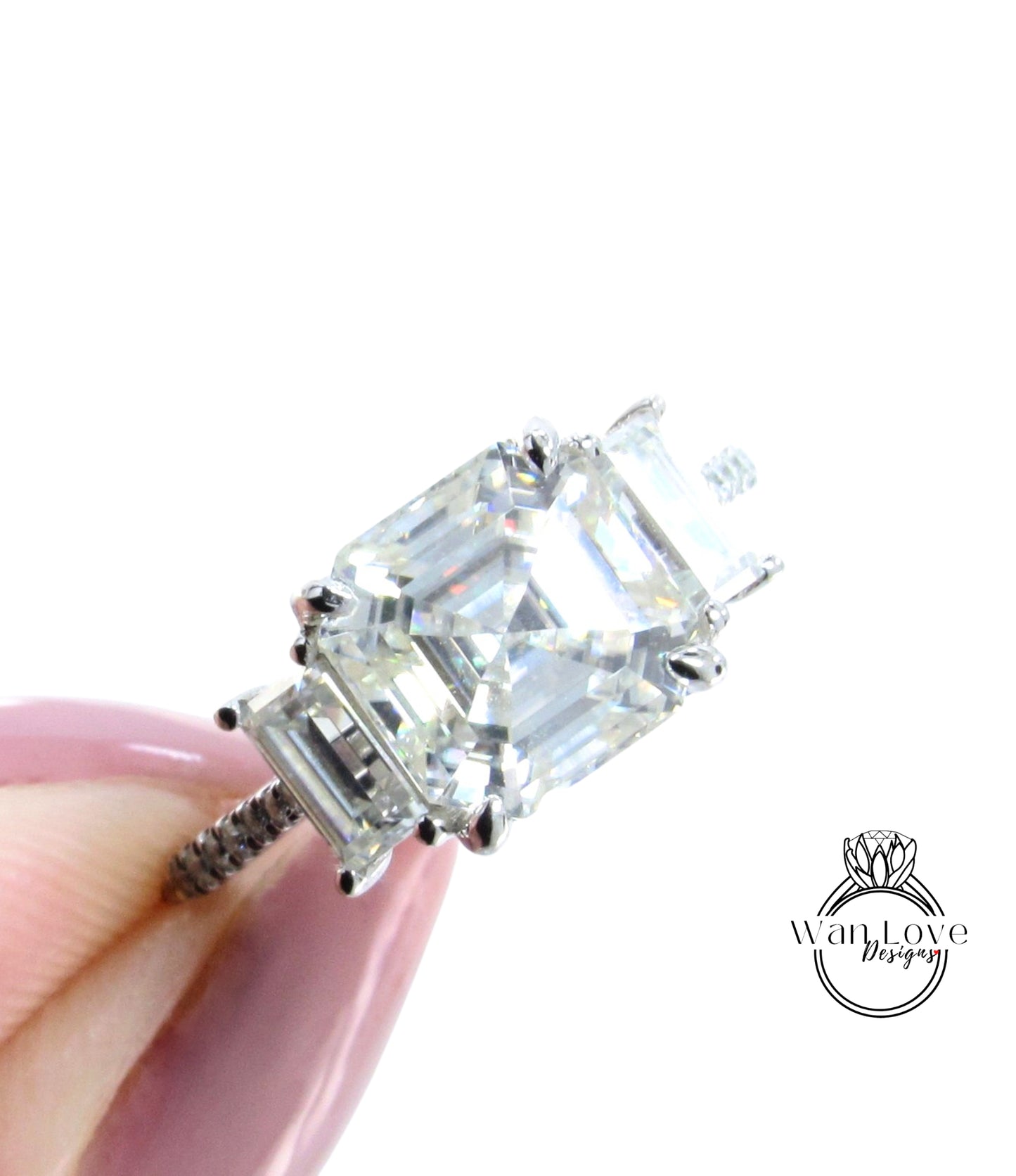 Anello di fidanzamento art deco Moissanite Asscher, Asscher Baguette 3 tre pietre in oro bianco matrimonio anniversario regalo per lei, pronto