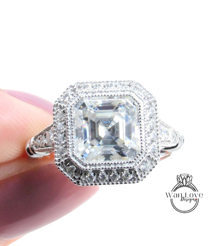 Pronto per la spedizione in oro bianco Vintage Moissanite Art Deco Halo anello di fidanzamento Anello di fidanzamento Assher anello art deco anello unico anello moissanite