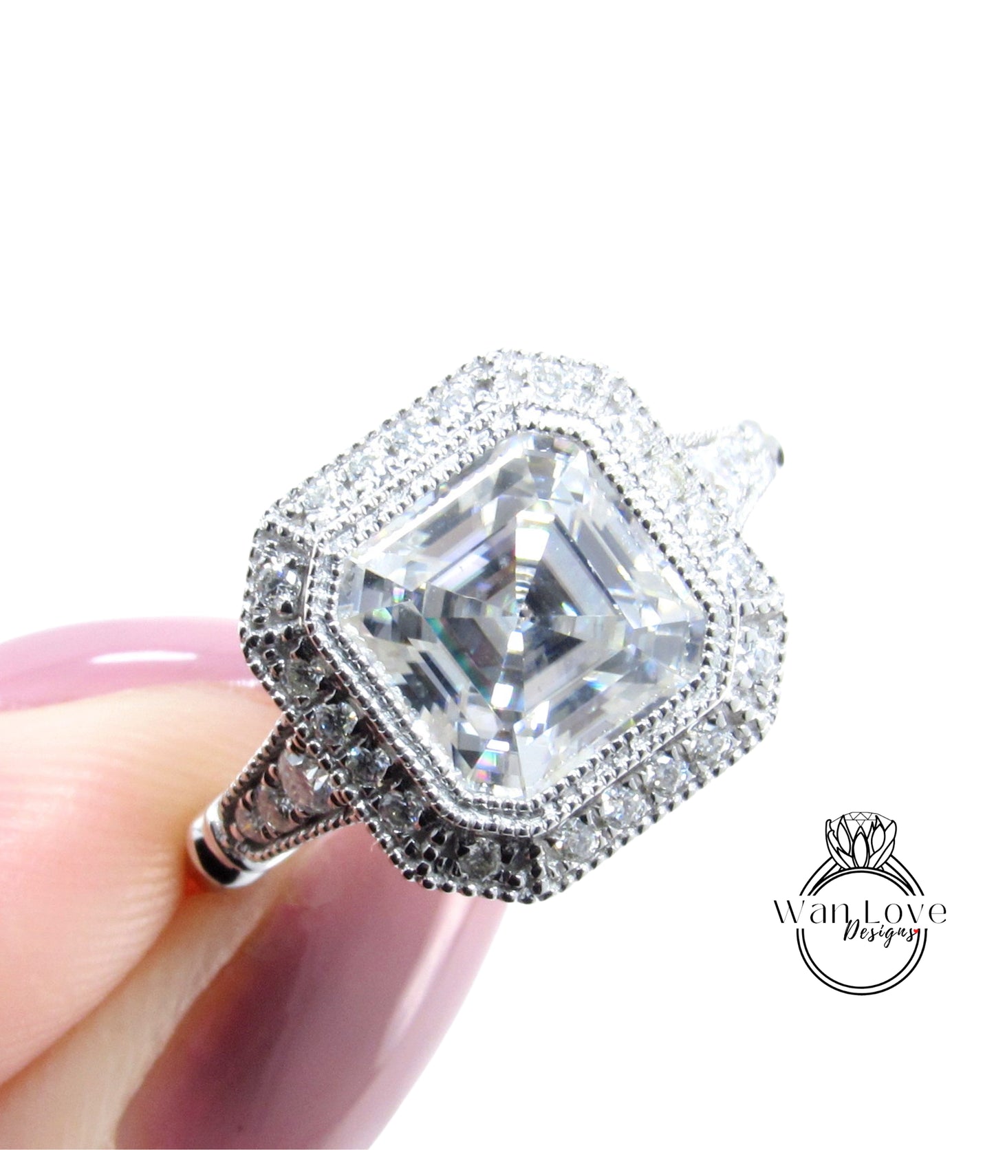 Pronto per la spedizione in oro bianco Vintage Moissanite Art Deco Halo anello di fidanzamento Anello di fidanzamento Assher anello art deco anello unico anello moissanite