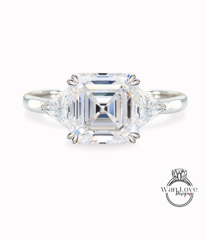 Moissanite & Diamond Asscher engagement ring vintage Rose gold 3 stone Cluster engagement ring women trillion art deco wedding Bridal Anniversary gift