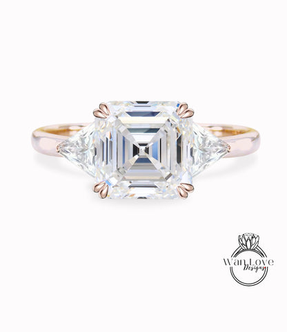 Moissanite & Diamond Asscher engagement ring vintage Rose gold 3 stone Cluster engagement ring women trillion art deco wedding Bridal Anniversary gift