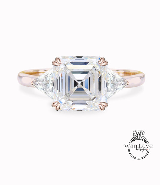 Moissanite & Diamond Asscher engagement ring vintage Rose gold 3 stone Cluster engagement ring women trillion art deco wedding Bridal Anniversary gift