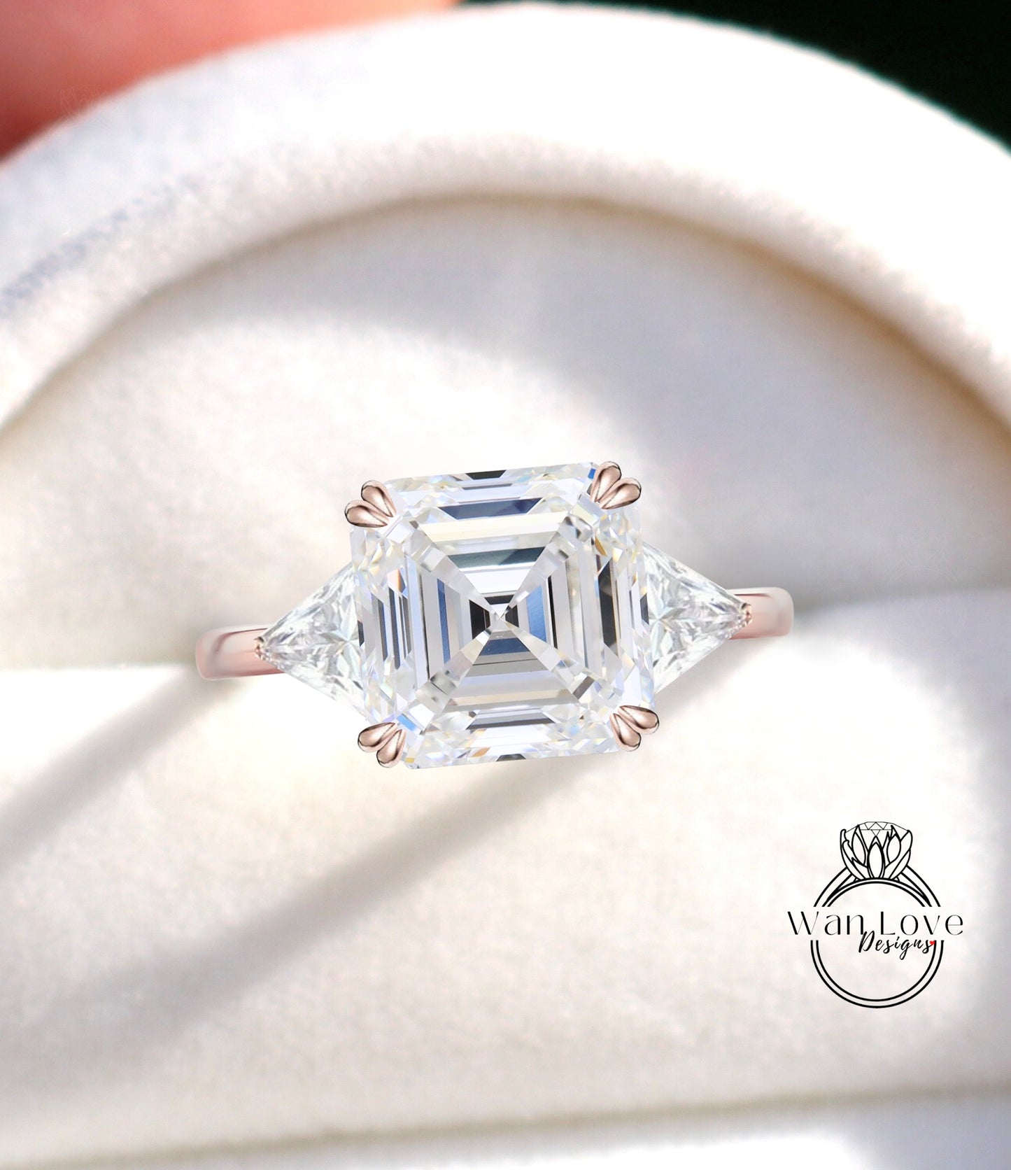 Moissanite & Diamond Asscher engagement ring vintage Rose gold 3 stone Cluster engagement ring women trillion art deco wedding Bridal Anniversary gift