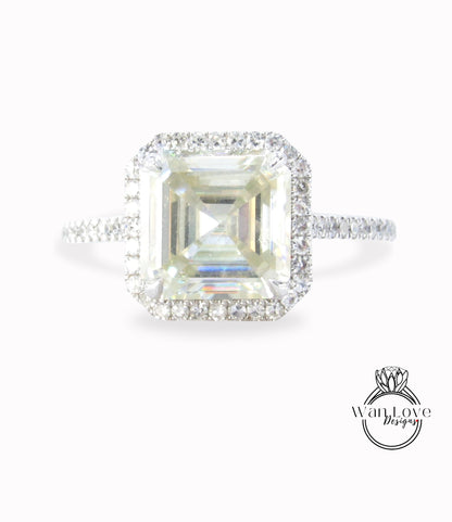 Anello di fidanzamento Asscher Halo con diamanti e moissanite giallo chiaro champagne da 2,5 ct, anello in oro bianco Halo galleggiante della cattedrale, anello pronto per la spedizione