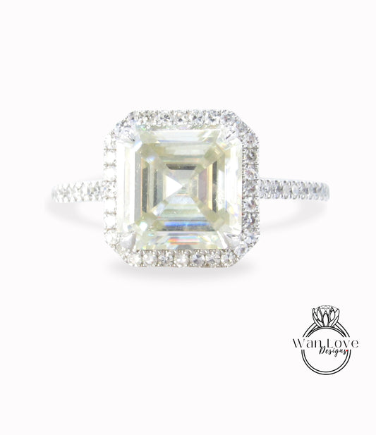 2.5ct Champagne Light Yellow Moissanite & Diamonds Asscher Halo Engagement Ring, Cathedral Floating Halo White Gold Ring, Ready to Ship Ring