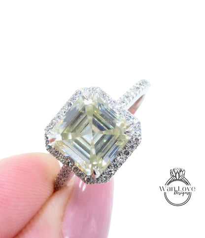 2.5ct Champagne Light Yellow Moissanite & Diamonds Asscher Halo Engagement Ring, Cathedral Floating Halo White Gold Ring, Ready to Ship Ring