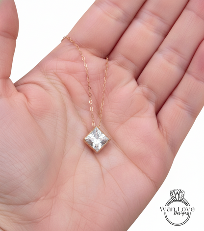 Diamond Princess Bezel Vintage Solitaire Necklace, Birthstone Solitaire Necklace, Solitaire Pendant, 14K Gold Princess Milgrain Moissanite Necklace