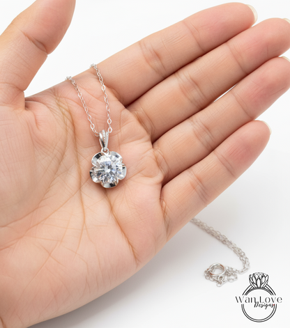 14k Solid Gold Diamond Buttercup Necklace, Round Shape Birthstone Sapphire Moissanite Charm, Dainty Chain Necklace, Flower Charm Necklace, Special Gift for her