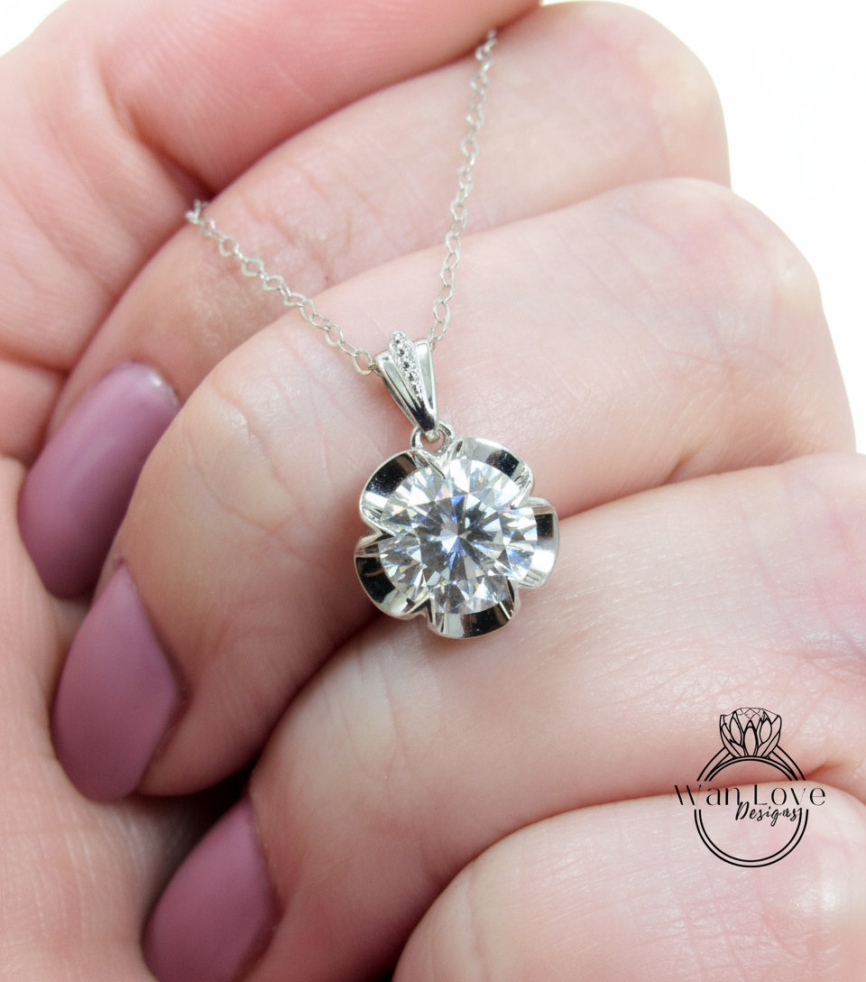 14k Solid Gold Diamond Buttercup Necklace, Round Shape Birthstone Sapphire Moissanite Charm, Dainty Chain Necklace, Flower Charm Necklace, Special Gift for her