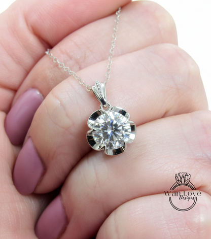 14k Solid Gold Diamond Buttercup Necklace, Round Shape Birthstone Sapphire Moissanite Charm, Dainty Chain Necklace, Flower Charm Necklace, Special Gift for her