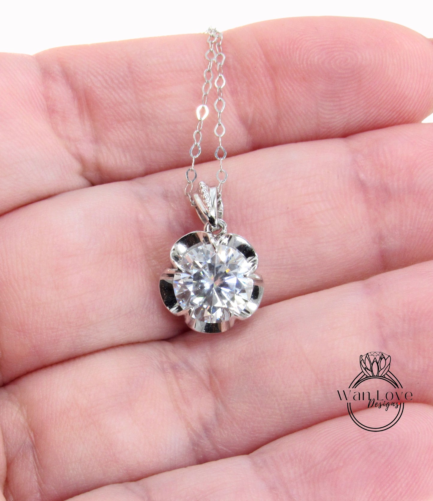 Moissanite Buttercup Round Beaded Bail Necklace 2ct white gold flower Charm necklace Custom Anniversary bridal wedding Gift Ready to ship