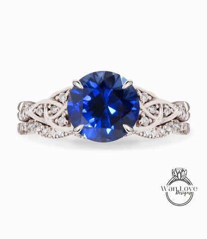 Blue Sapphire & Diamond Celtic knot Infinity Round engagement ring set rose gold curved nesting wedding band antique bridal set anniversary gift