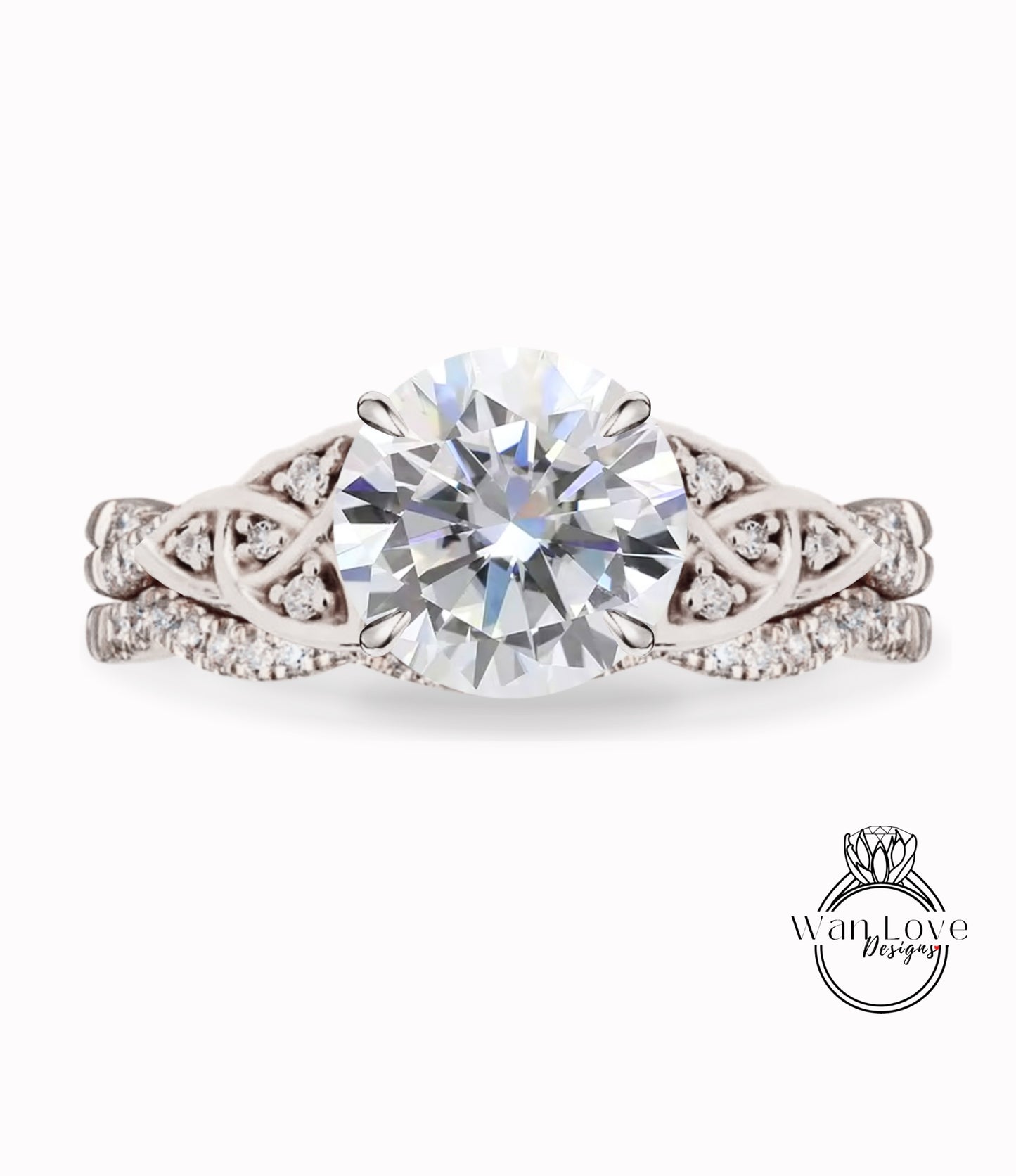 Moissanite & Diamond Celtic knot Infinity Round engagement ring set rose gold curved nesting wedding band antique bridal set anniversary gift