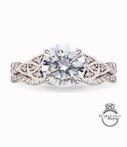 Moissanite & Diamond Celtic knot Infinity Round engagement ring set rose gold curved nesting wedding band antique bridal set anniversary gift