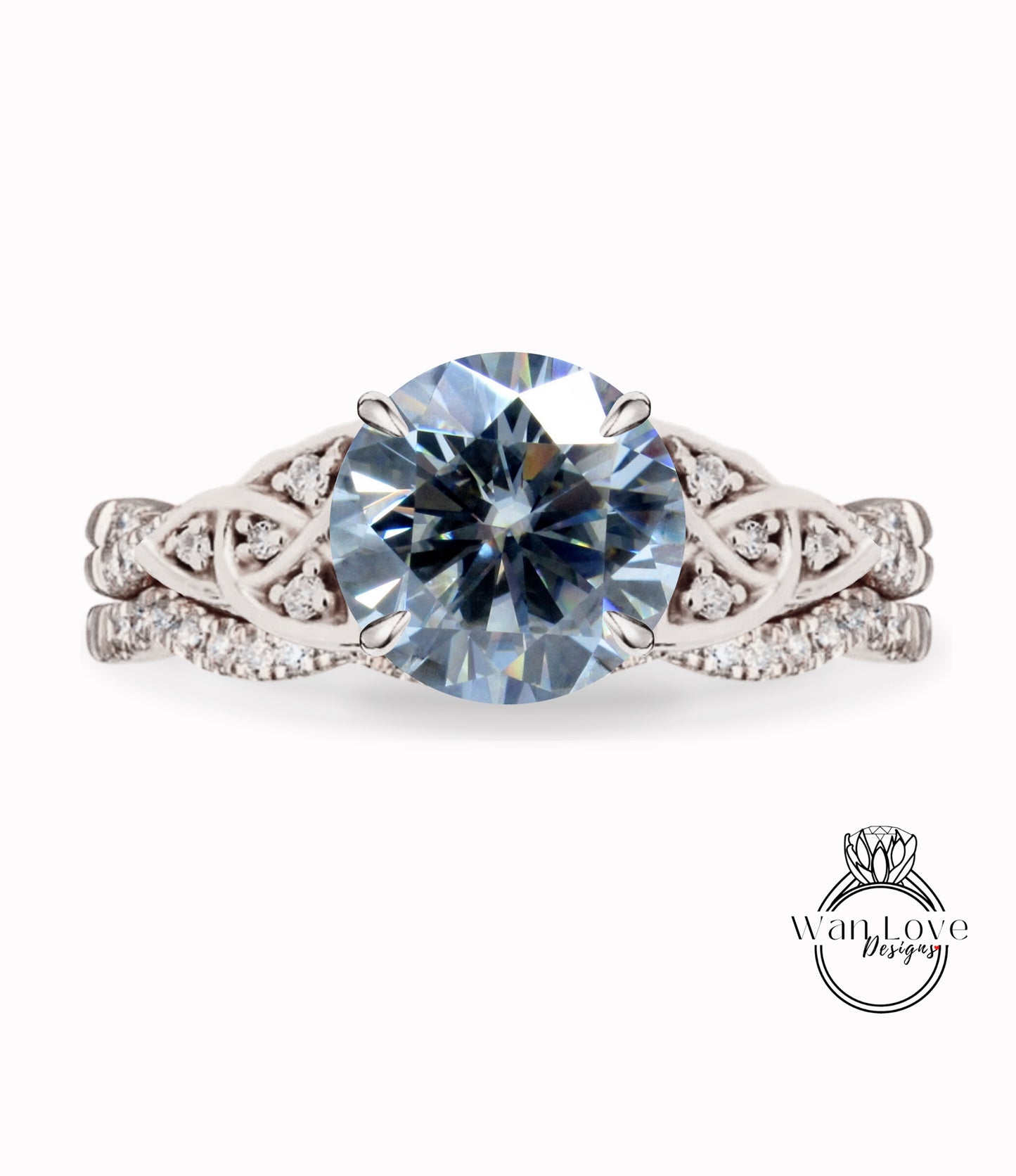 Gray Moissanite & Diamond Celtic knot Infinity Round engagement ring set rose gold curved nesting wedding band antique bridal set anniversary gift