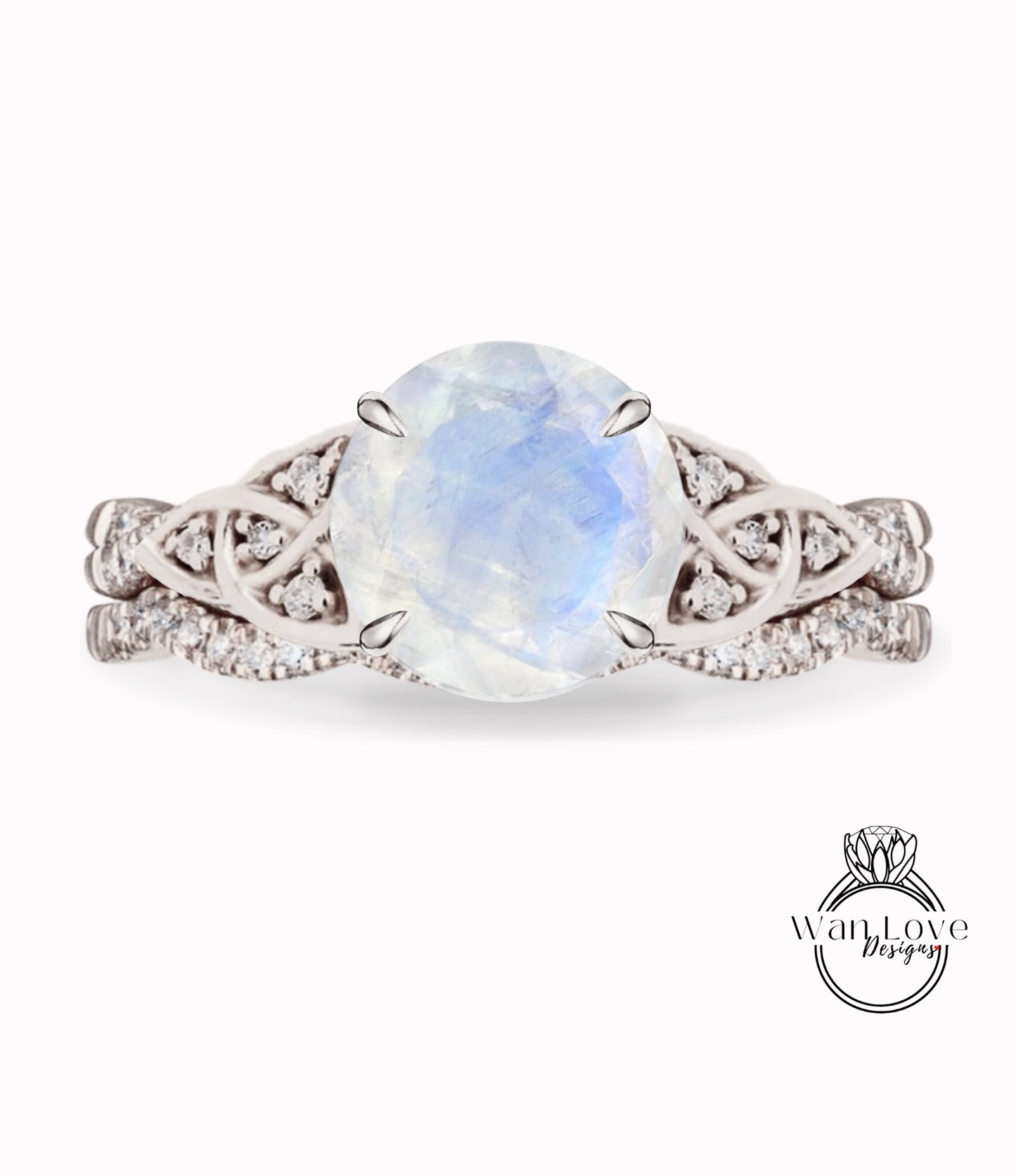 Moonstone & Diamond Celtic knot Infinity Round engagement ring set rose gold curved nesting wedding band antique bridal set anniversary gift